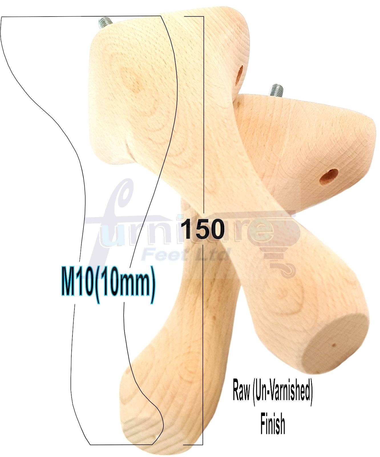 4 Solid Wood Furniture Feet 150mm High Queen Anne Replacement Legs Chairs Settees Beds Sofas M10 Thread