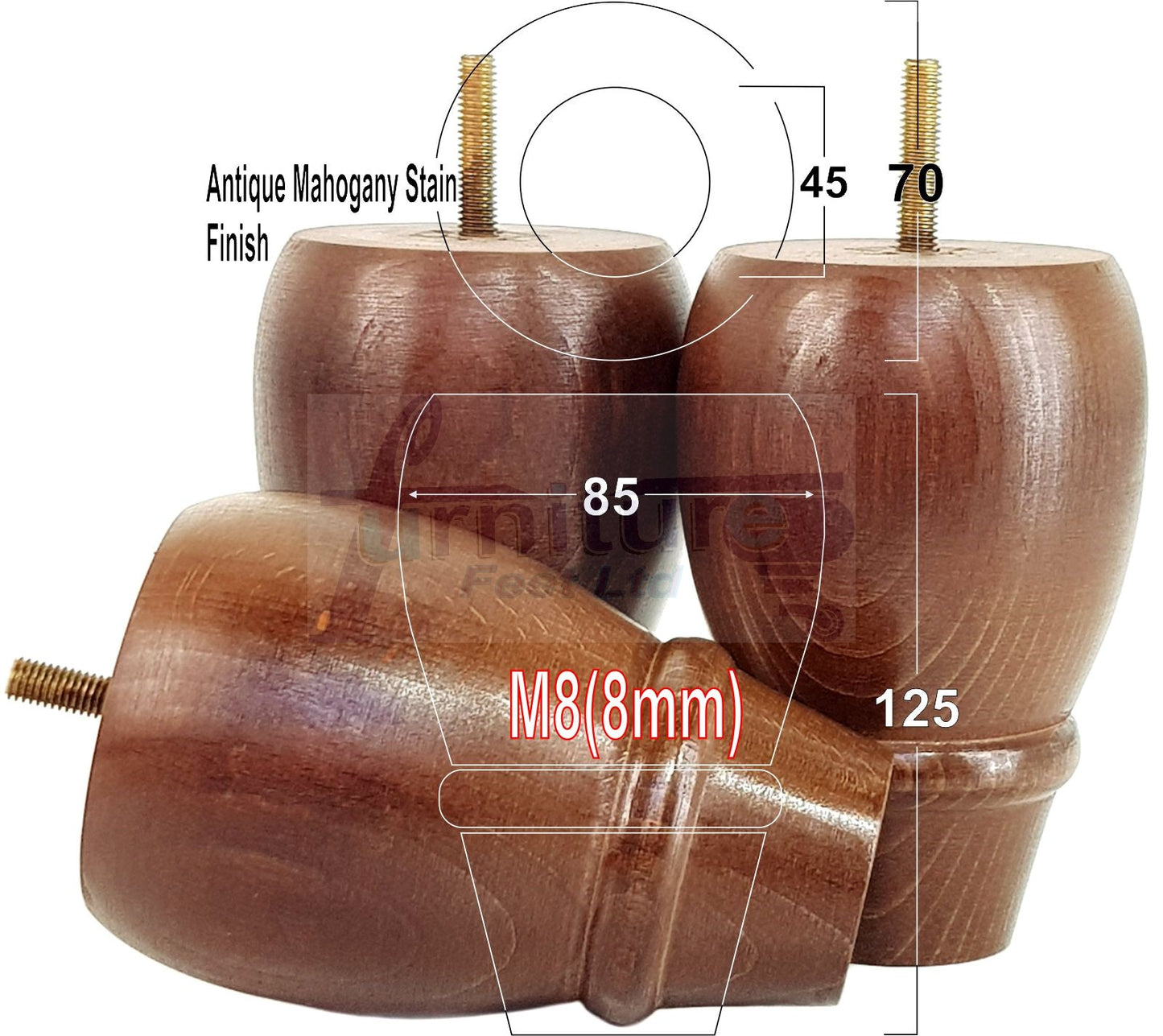 Set Of 4 Solid Wood Turned Replacement Furniture Legs 125mm High 8mm Thread