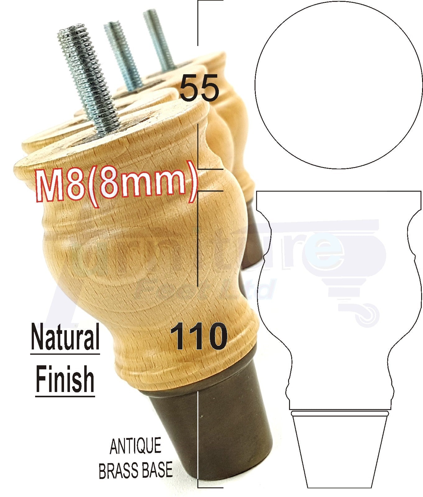 4x Turned Wood Furniture Feet M8(8mm) With Slipper Cup Chair Sofa Settee Legs 110mm