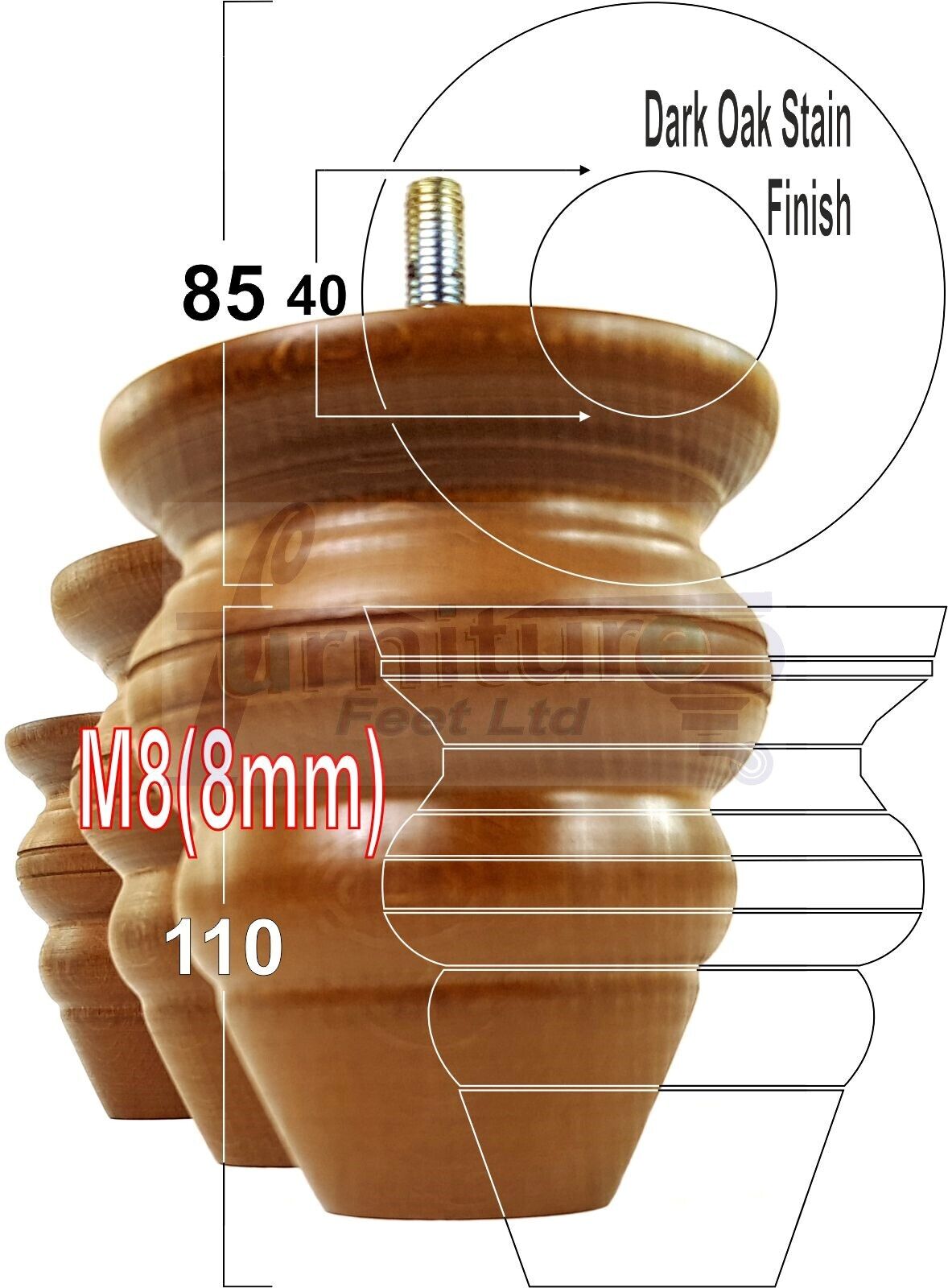 4x Turned Wood Furniture Legs Replacement Feet 110mm High Multiple Colours Chairs Stools Sofa's Beds Settee Cabinets M8