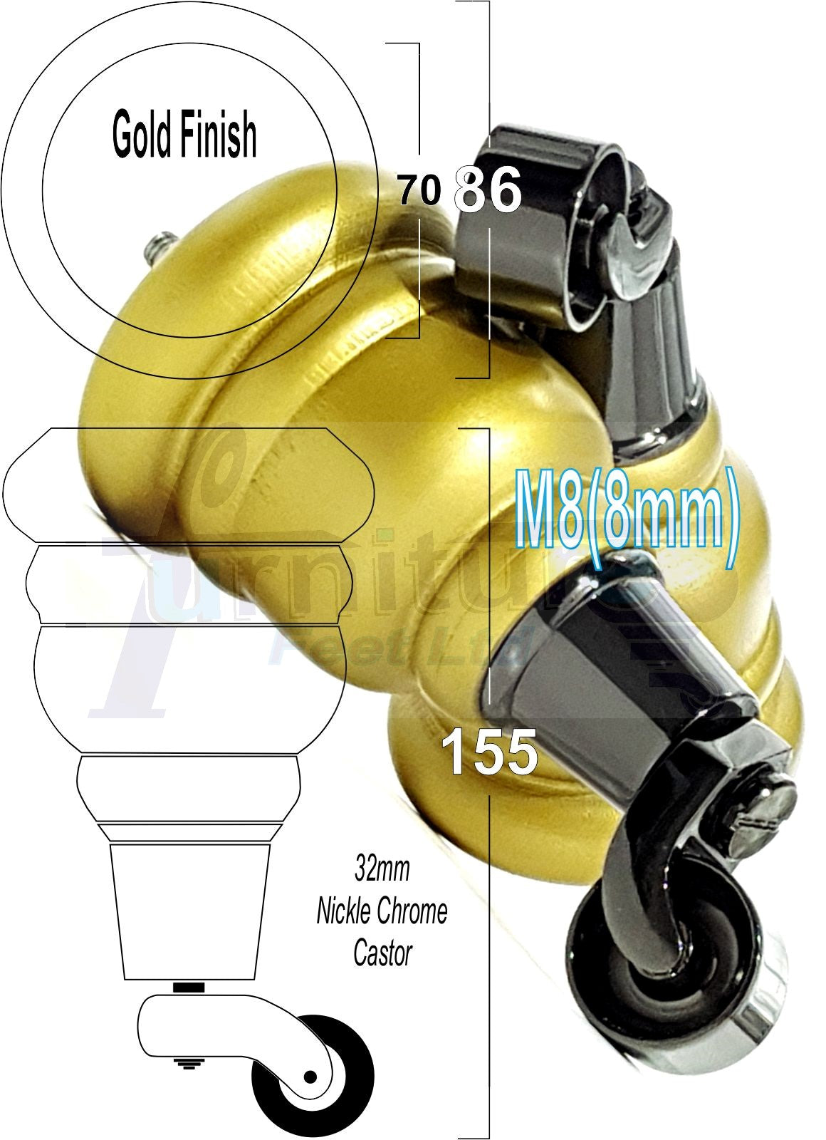 4 Turned Wood Furniture Feet With Black Chrome Castors 155mm Legs Sofas Chairs Stools Cabinets Beds M8 6 Inches