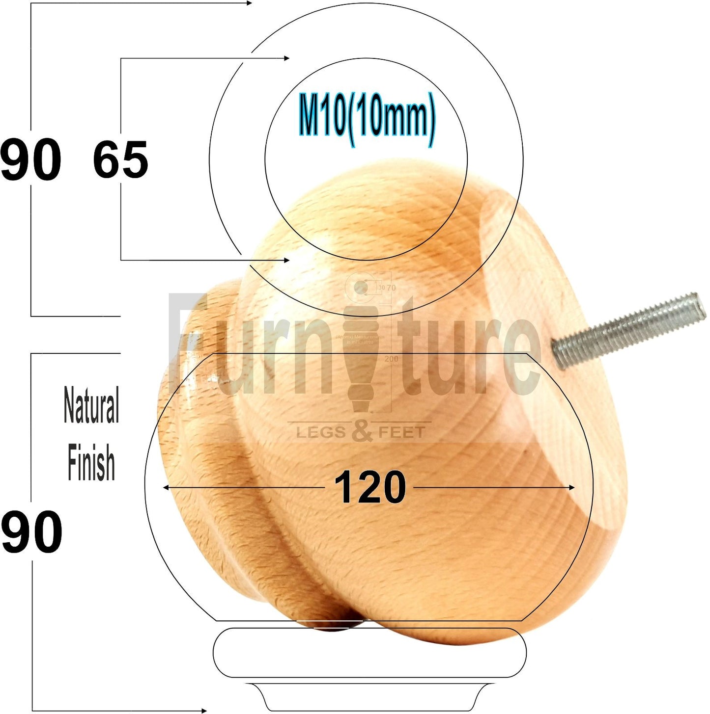  4 Turned Wooden Furniture Legs Replacement Feet 50mm High 10mm Thread For Settees, Chairs