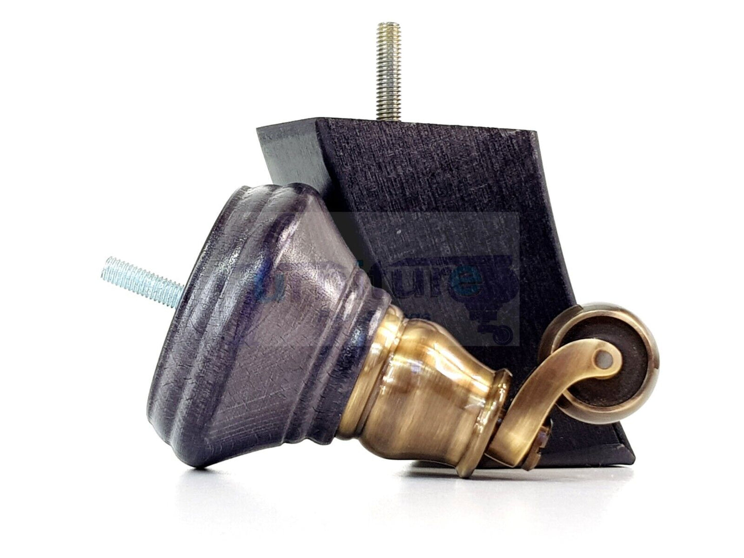 2 Black Stain Wood Furniture Sofa Feet With Castor 125mm & 2 Curved Legs Chair Settee 100mm High M8