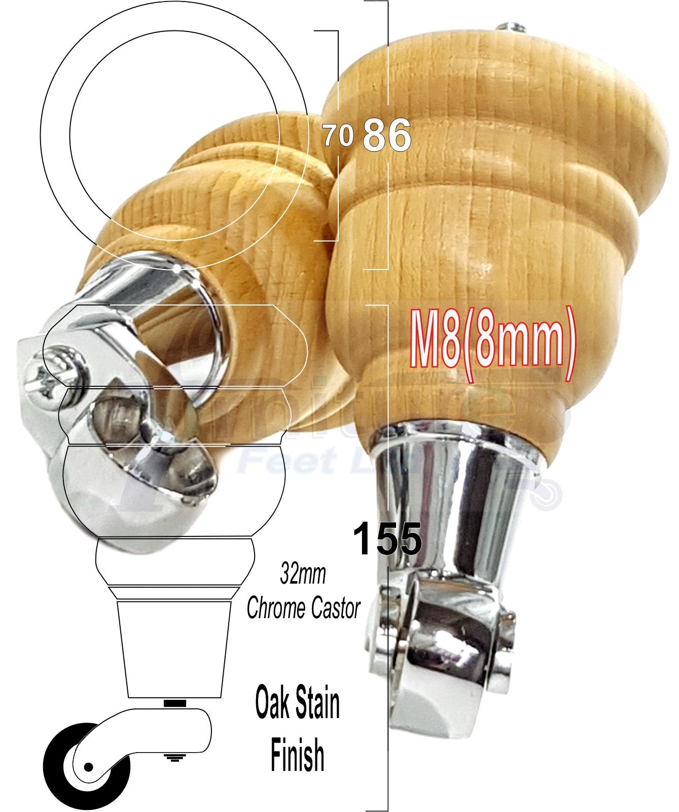 4 Turned Wood Furniture Feet With Chrome Castors 155mm Legs Sofas Chairs Stools Cabinets Beds M8 6 Inches