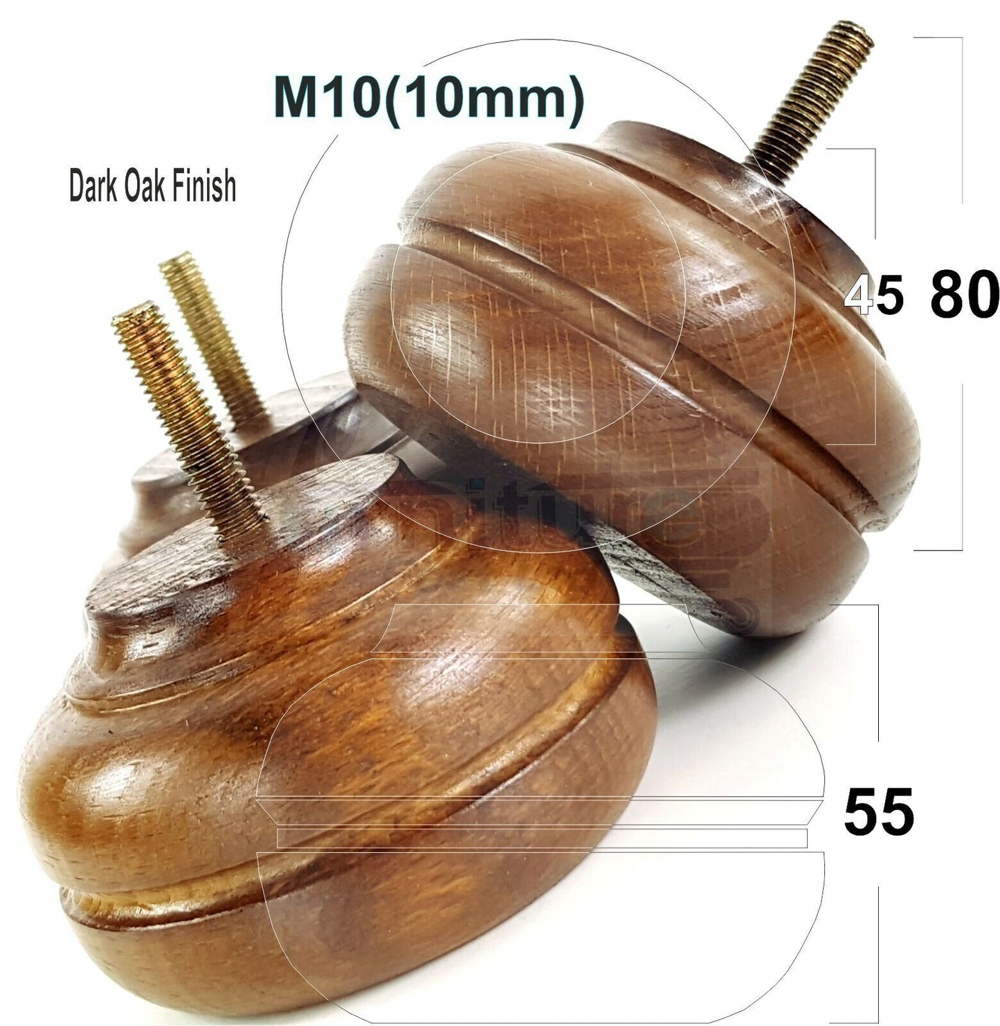 4 Wood Turned Replacement Furniture Legs Sofa, Chair, Settee Feet 55mm High M10 Thread