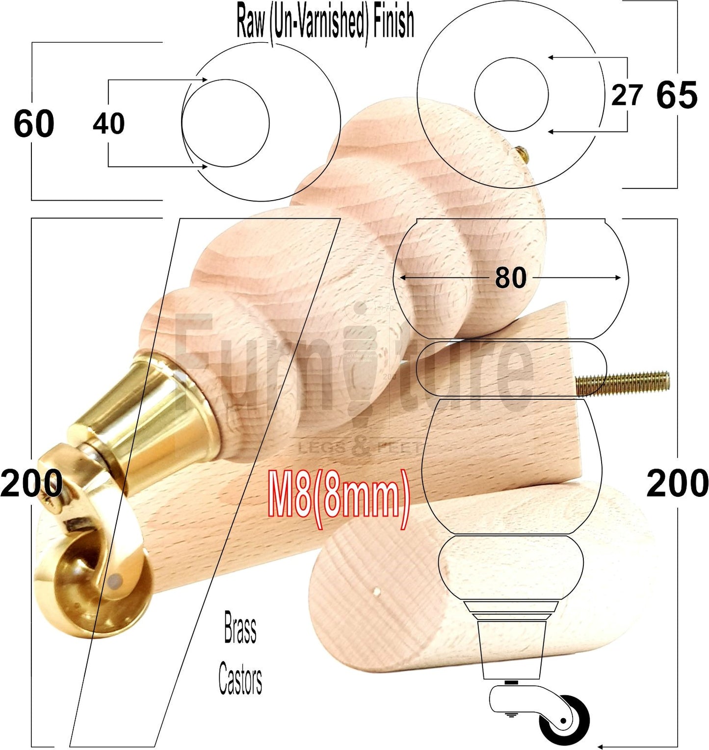 2x Furniture Brass Castor Legs & 2x Angled Solid Wooden Feet M8 Chairs Sofa 200mm High
