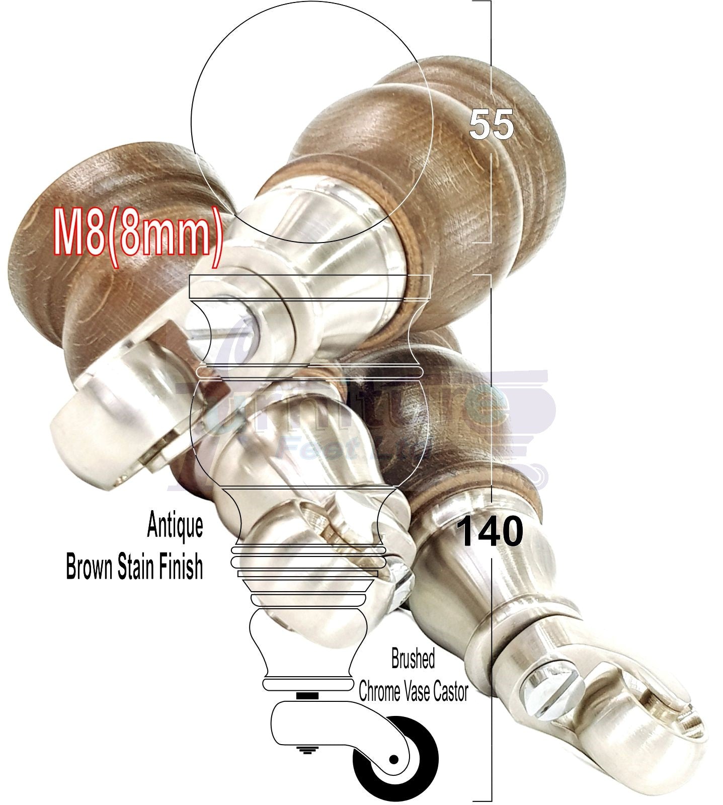 Set Of 4 Turned Wood Furniture Legs With Brushed Chrome Castor 140mm High M8(8mm) For Chairs Settees & Cabinets