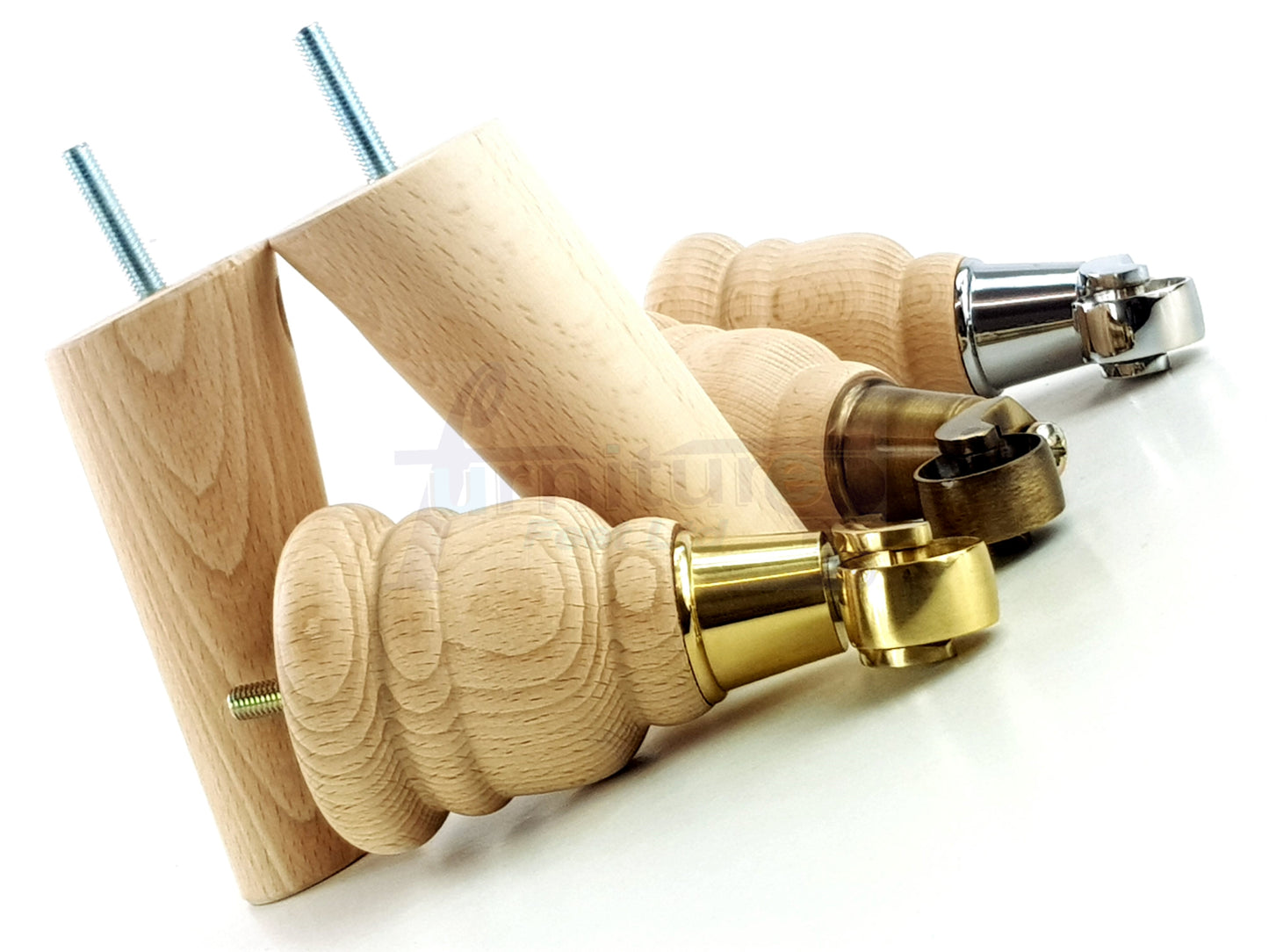 Turned Raw Solid Wood Replacement Furniture Legs 2x with Castors and 2x Curved Back Feet 8mm Dowl Fixing 6 Inches 165mm High