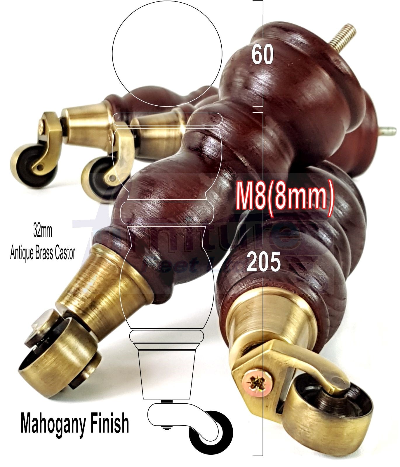 Solid Wood Furniture Feet With Castors Set of 4 Legs 205mm High For Sofas Chairs Cabinets & Beds M8 Mahogany Finish