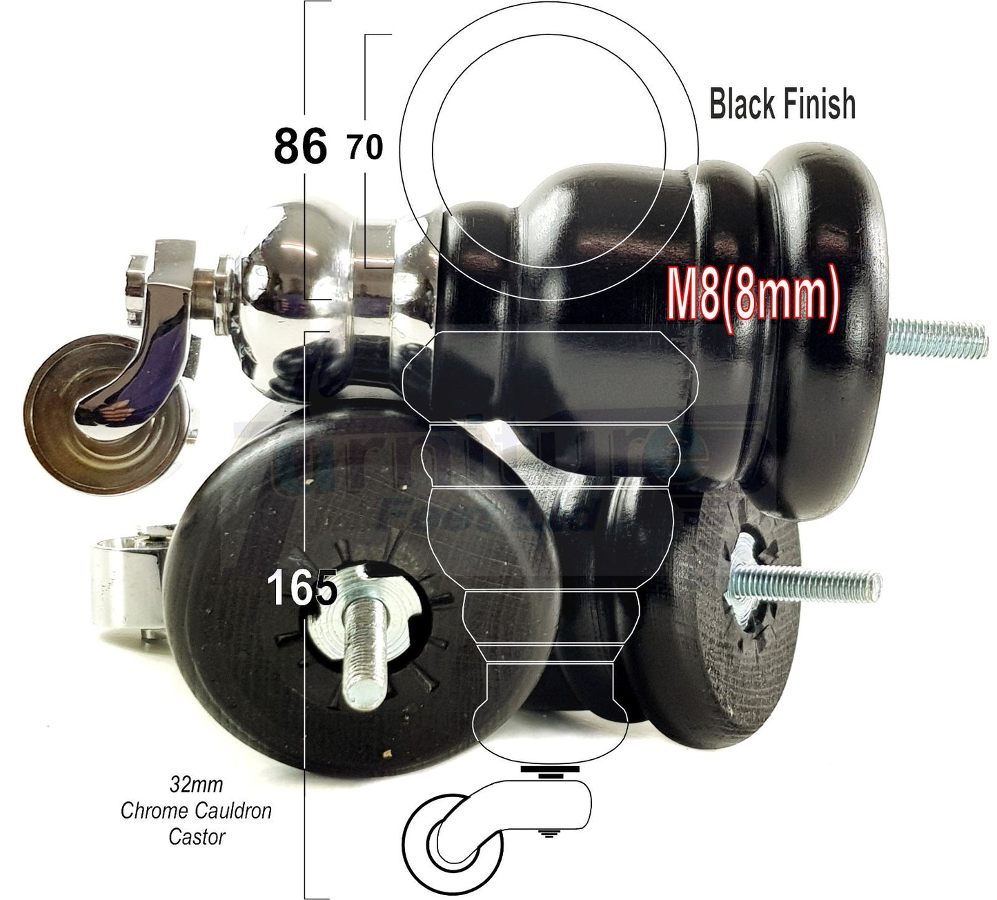 4 Turned Wood Furniture Feet With Chrome Cauldron Castors 155mm Legs Sofas Chairs Stools Cabinets Beds M8 6 Inches