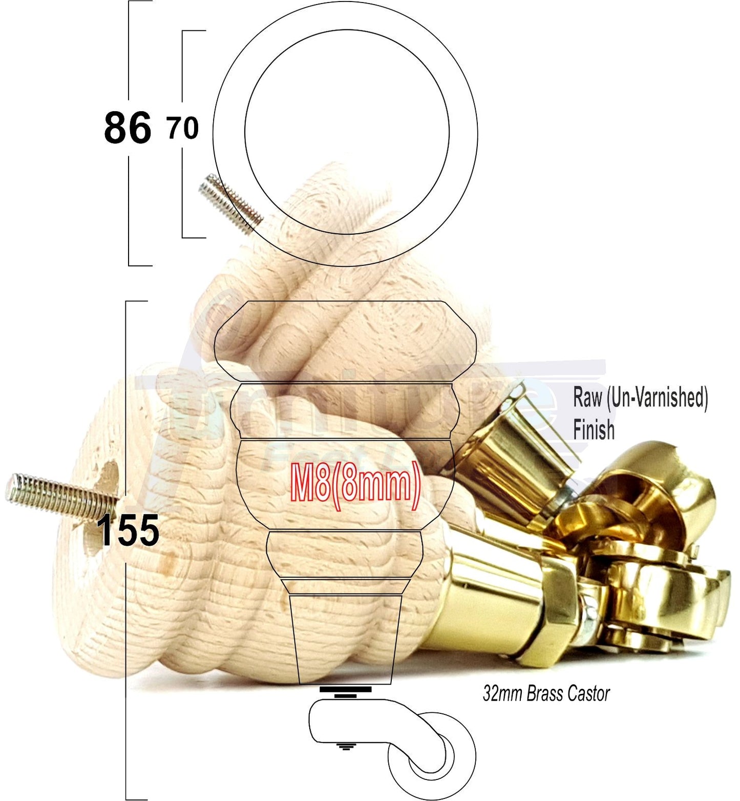 4 Turned Wood Furniture Feet With Brass Castors 155mm Legs Sofas Chairs Stools Cabinets Beds M8 6 Inches
