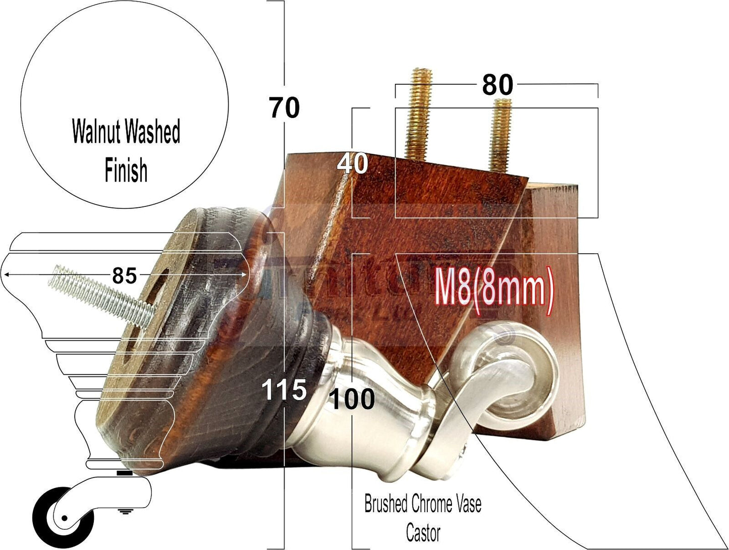 2 Dark Walnut Washed Wood Furniture Sofa Feet With Castor 125mm & 2 Curved Legs Chair Settee 100mm High M8