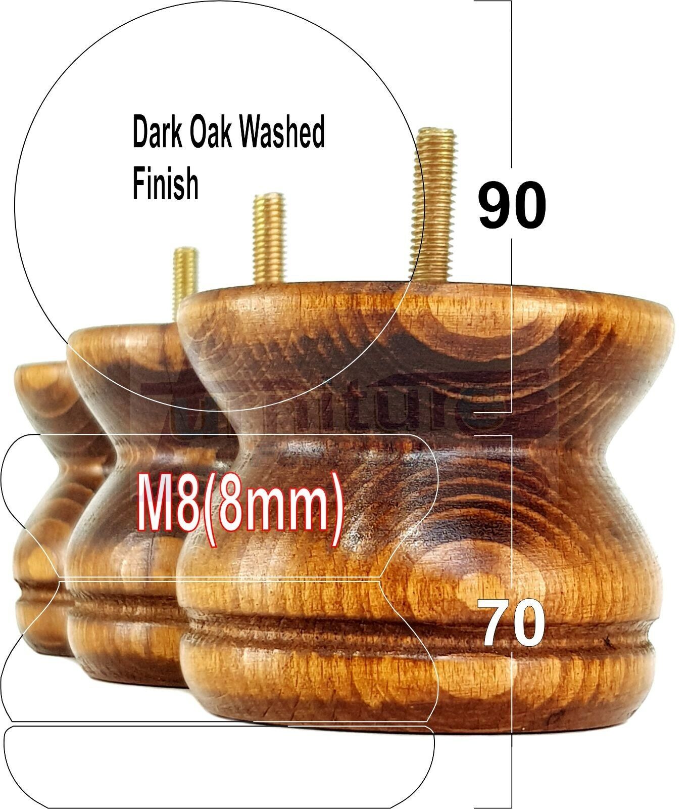 4x Turned Solid Wood Furniture Legs Replacement Bun Feet 70mm High 8mm Thread