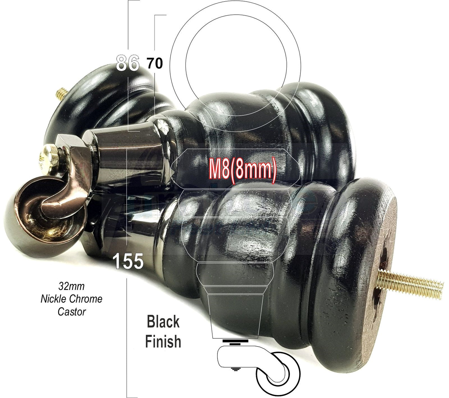 4 Turned Wood Furniture Feet With Black Chrome Castors 155mm Legs Sofas Chairs Stools Cabinets Beds M8 6 Inches