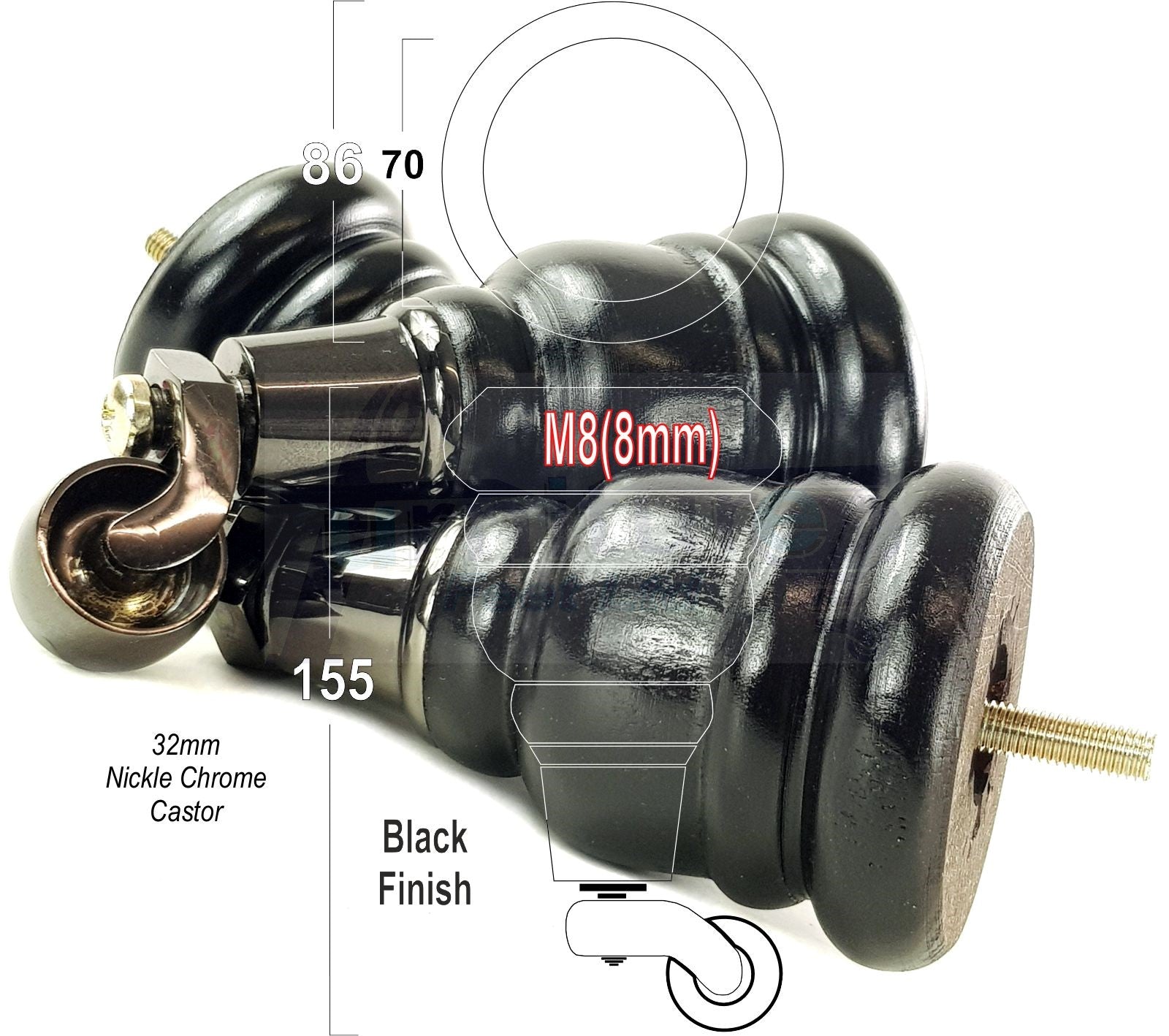 4 Turned Wood Furniture Feet With Black Chrome Castors 155mm Legs Sofas Chairs Stools Cabinets Beds M8 6 Inches