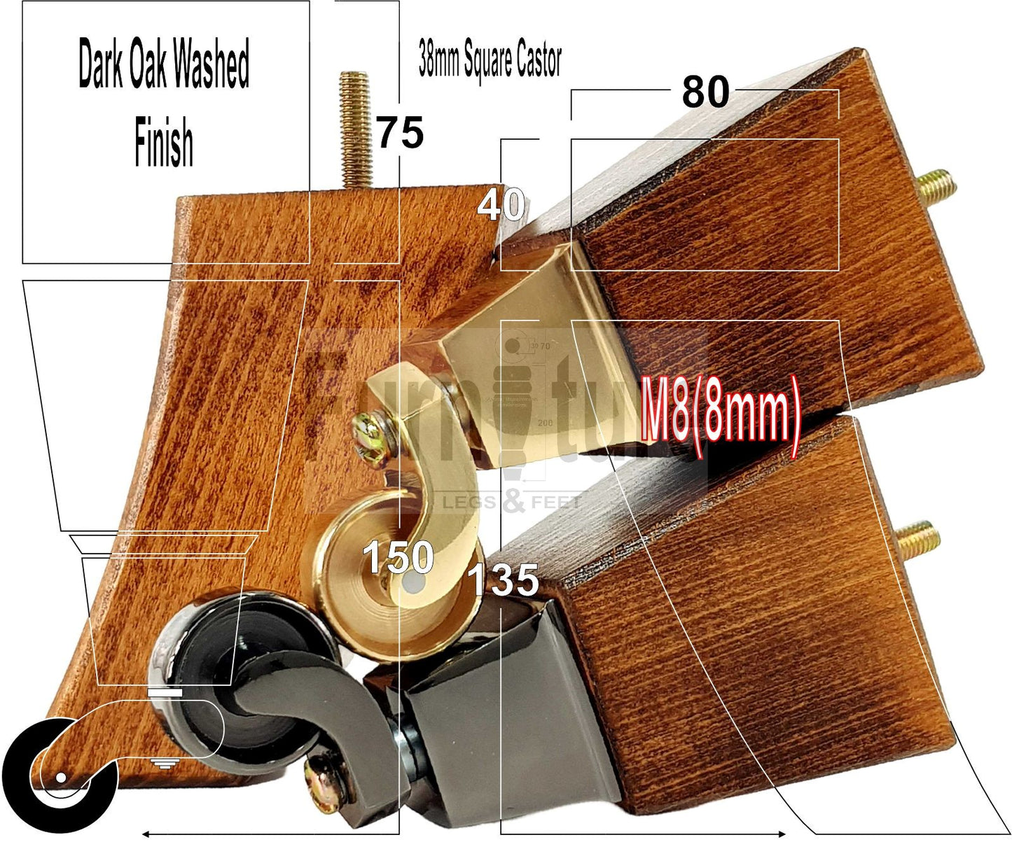 Set Of 4 Block Wood Furniture Feet With Antique Castor 8mm Thread For Chairs Settees Sofa 150mm High