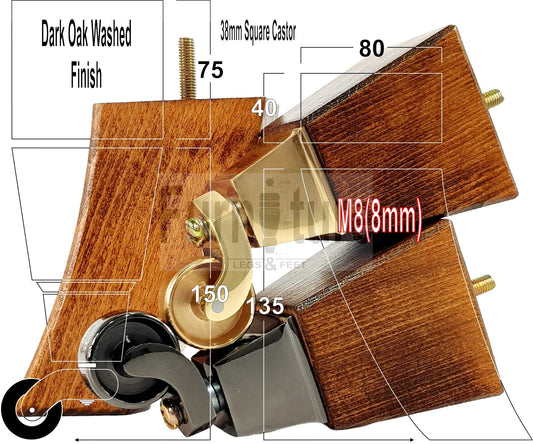 Set Of 4 Block Wood Furniture Feet With Antique Castor 8mm Thread For Chairs Settees Sofa 150mm High
