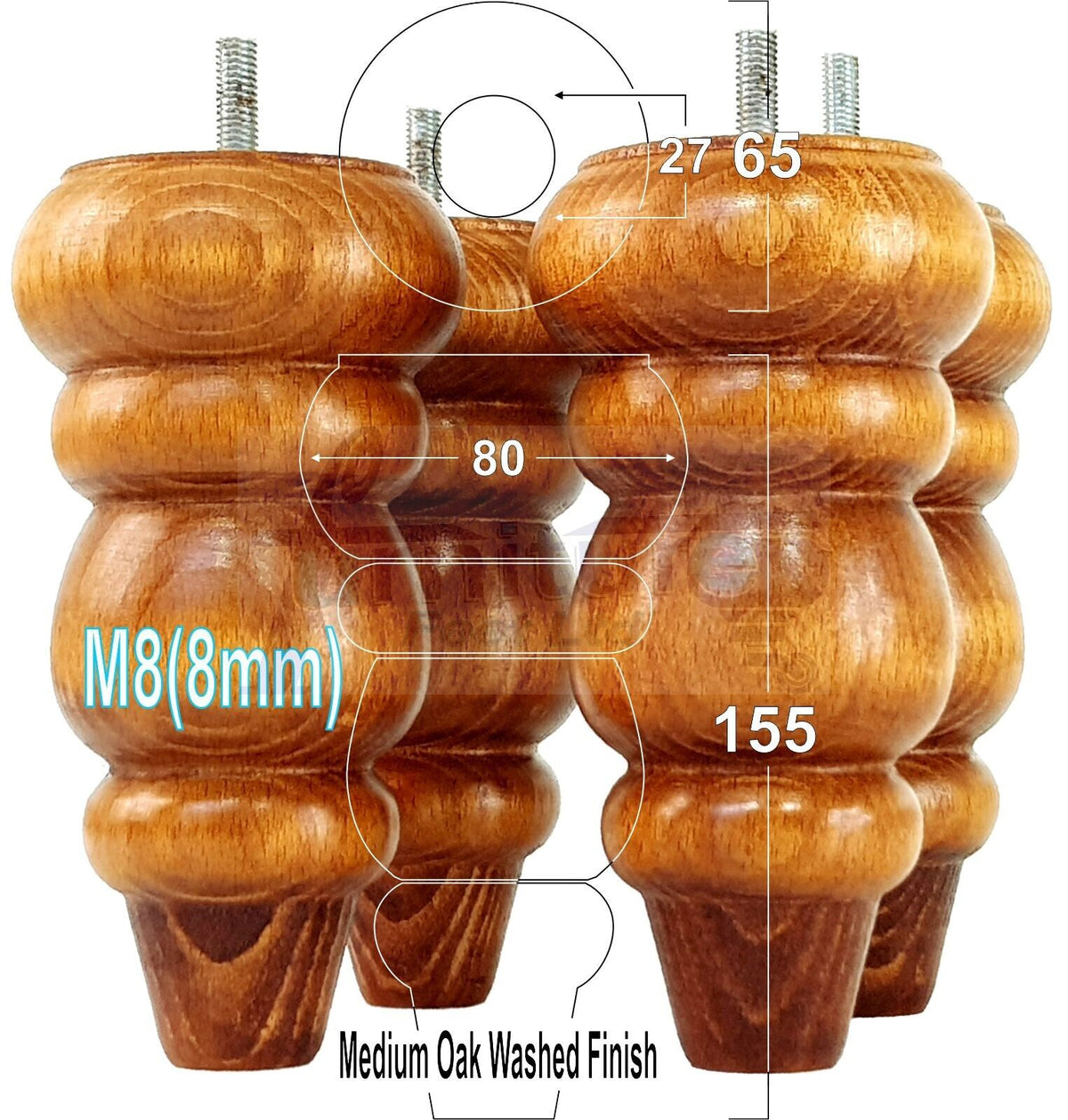 4 Solid Wood Turned Furniture Legs Round Repalcement Chair, Settee Feet 155mm 8mm Thread