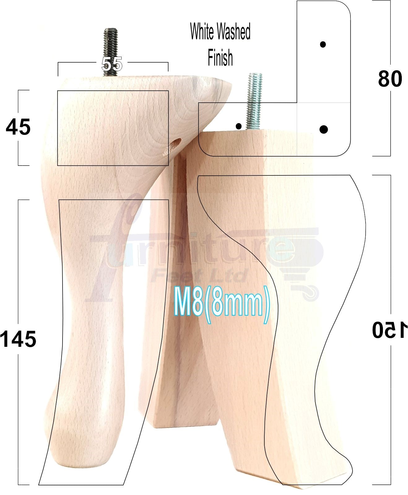 2x Vintage Queen Anne Replacement Furniture Legs & 2x Curved Back Feet 150mm 6 Inch High 8mm Thread