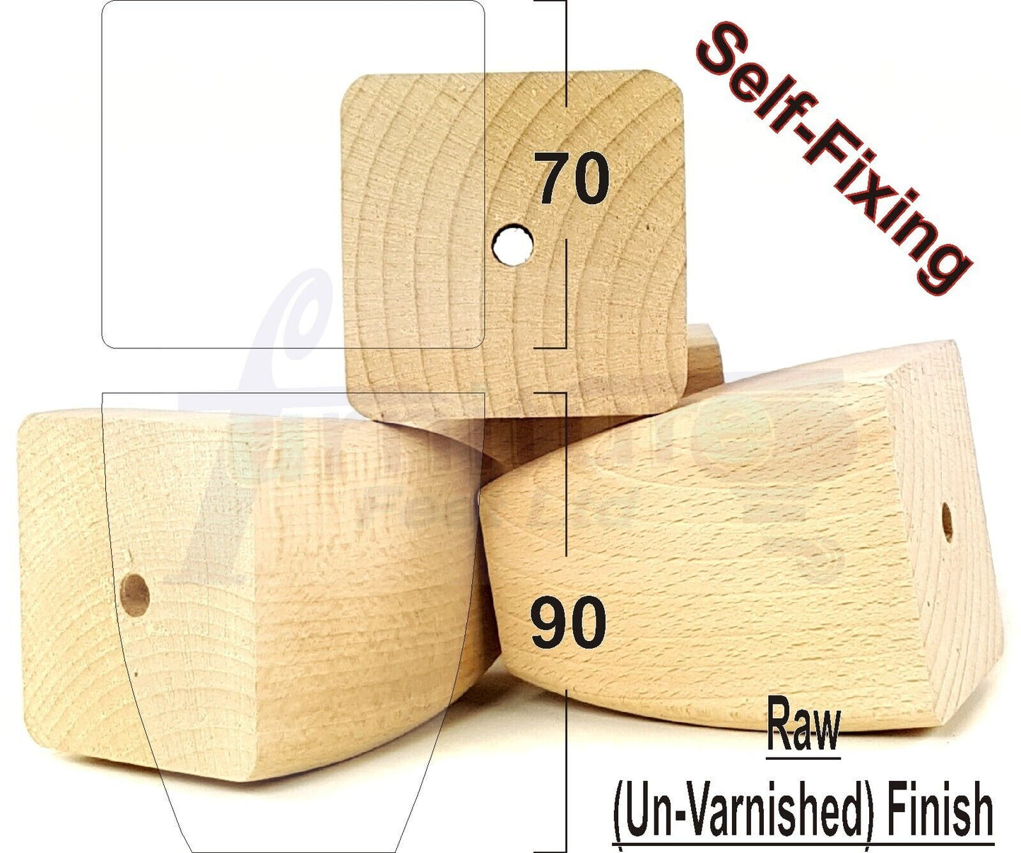 4x Solid Wooden Block Furniture Feet Replacement Legs 90mm High Self-Fix