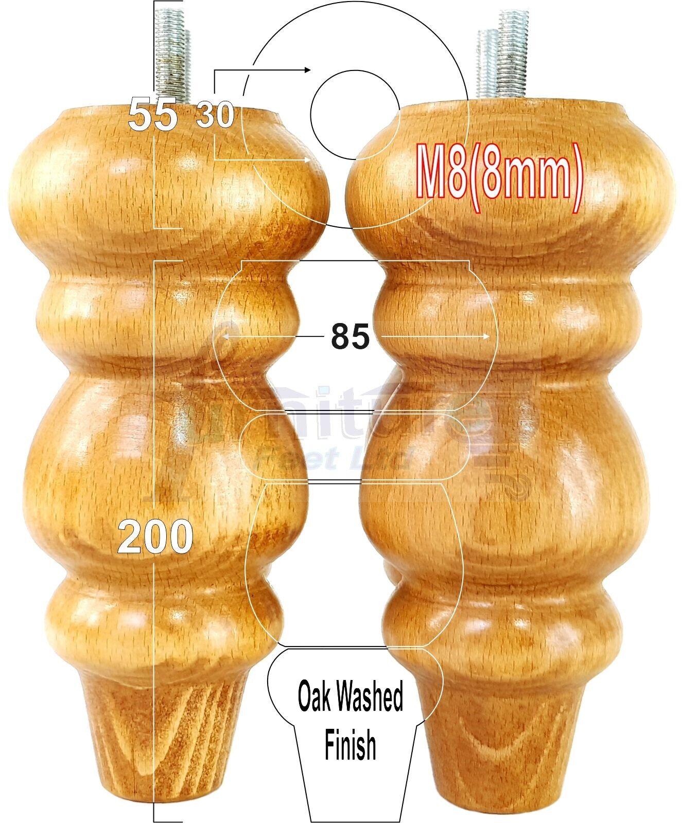 Solid Wood Furniture Feet Replacement Turned Legs 200mm High Chairs Stools Sofa's Beds Settee Cabinets M8 Various Colours Set of 4