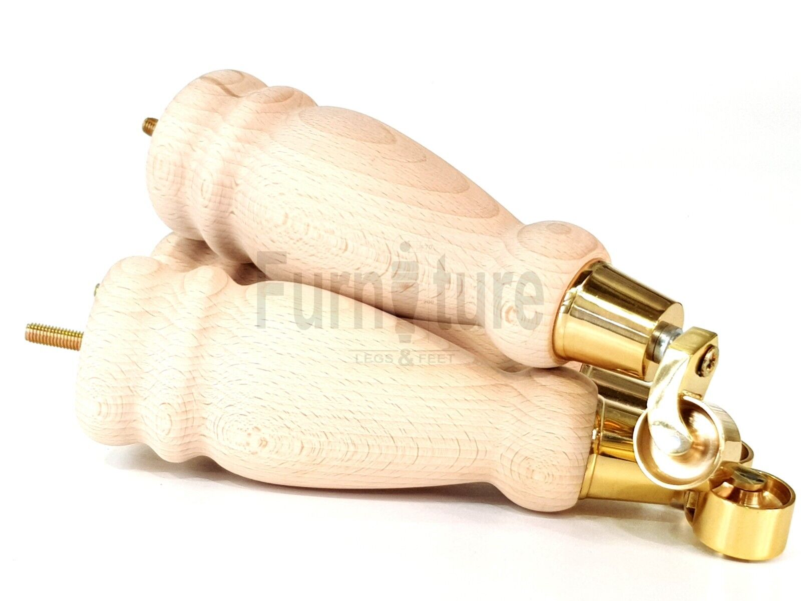 Set Of 4 Wooden Turned Replacement Furniture Legs 250mm High With Brass Castor Wheels 8mm Thread