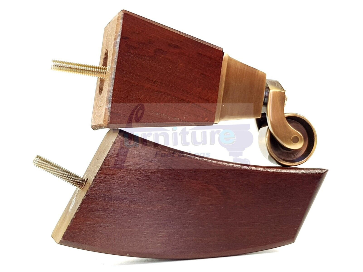 2x Cuved Wood Furniture Legs & 2x Antique Castor Feet 150mm High For Chairs Sofas Settees 8mm Thread