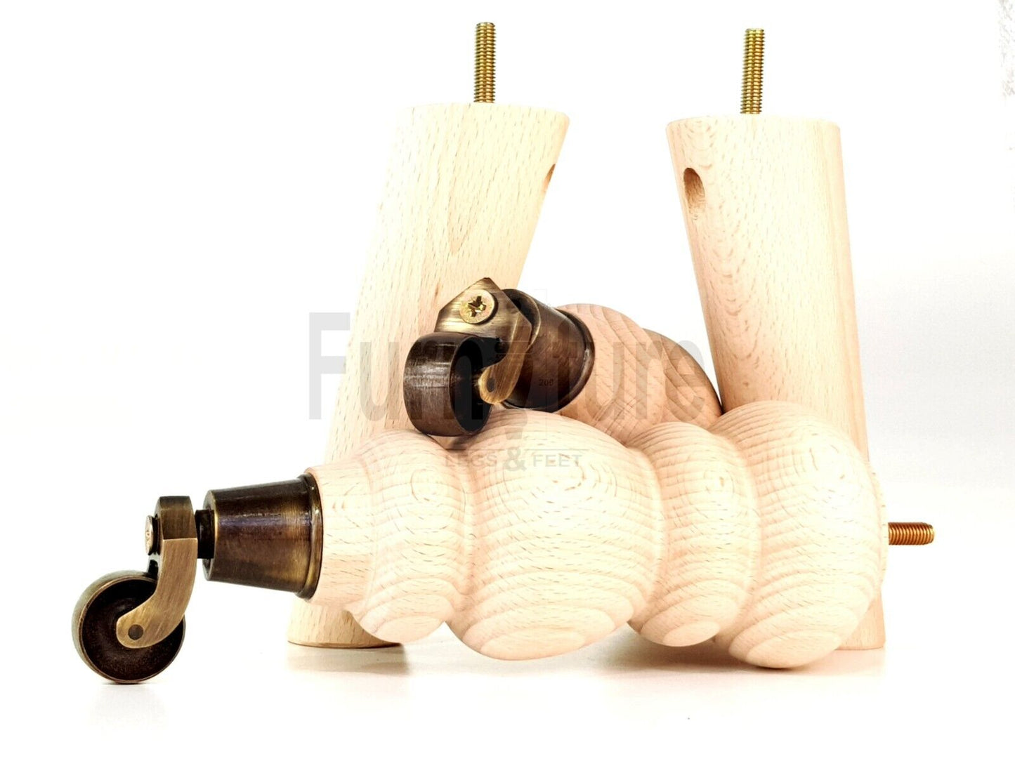 4x Turned Solid Wood Furniture Legs Replacement Feet 250mm High 8mm Thread