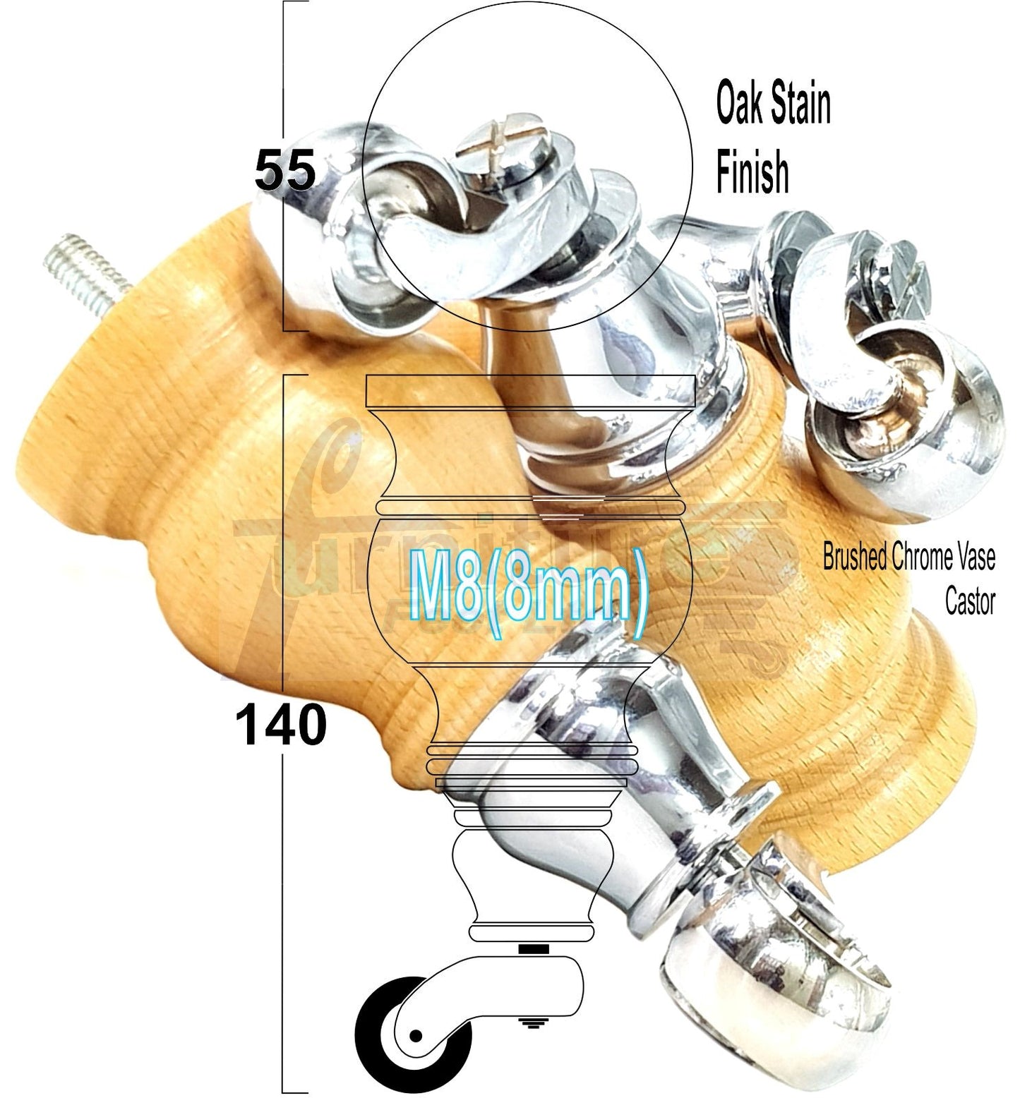 Set Of 4 Turned Wood Furniture Legs With 150mm High Castor 8mm Thread For Chairs Settees & Cabinets Oak Stain Finish