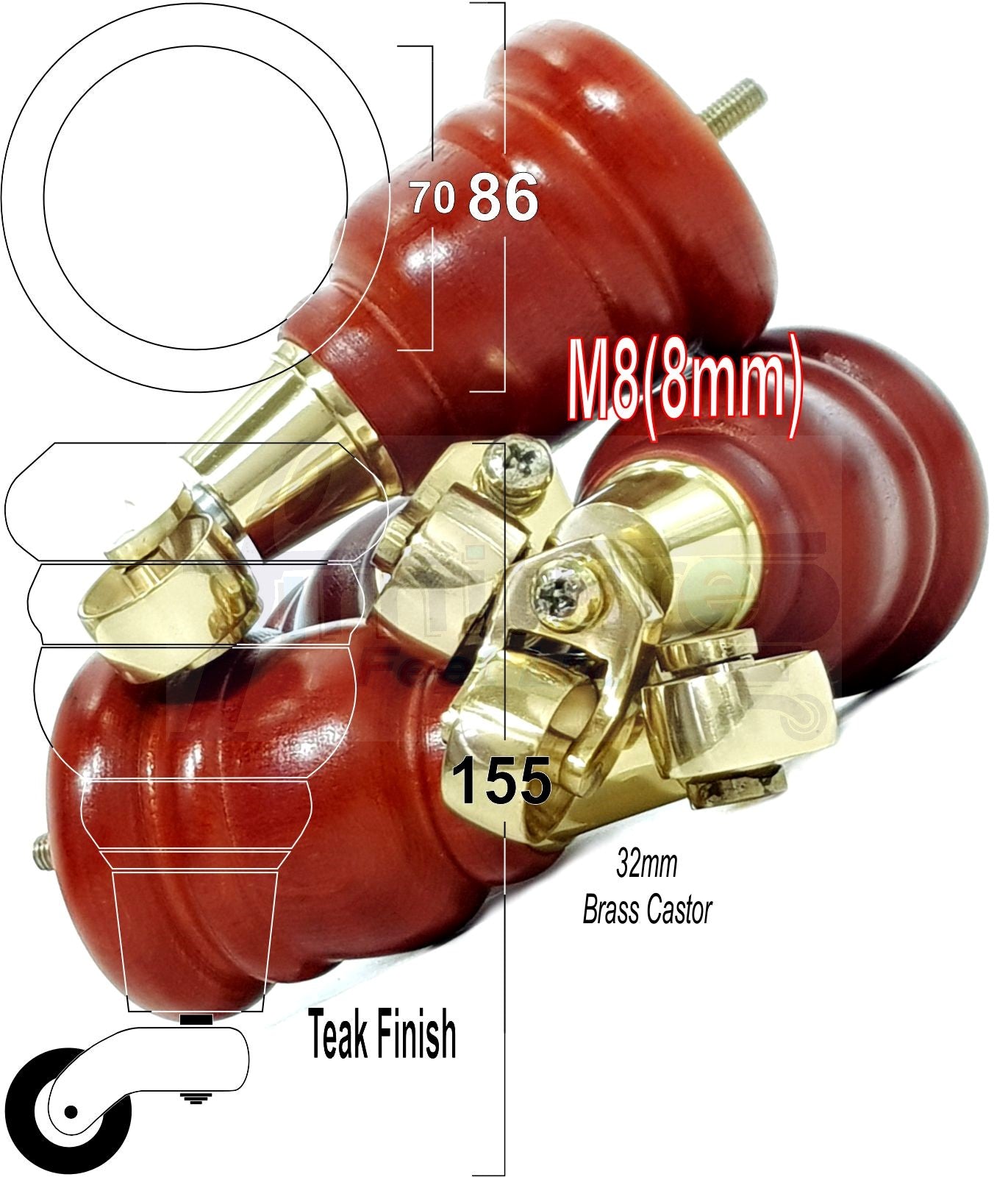 4 Turned Wood Furniture Feet With Brass Castors 155mm Legs Sofas Chairs Stools Cabinets Beds M8 6 Inches