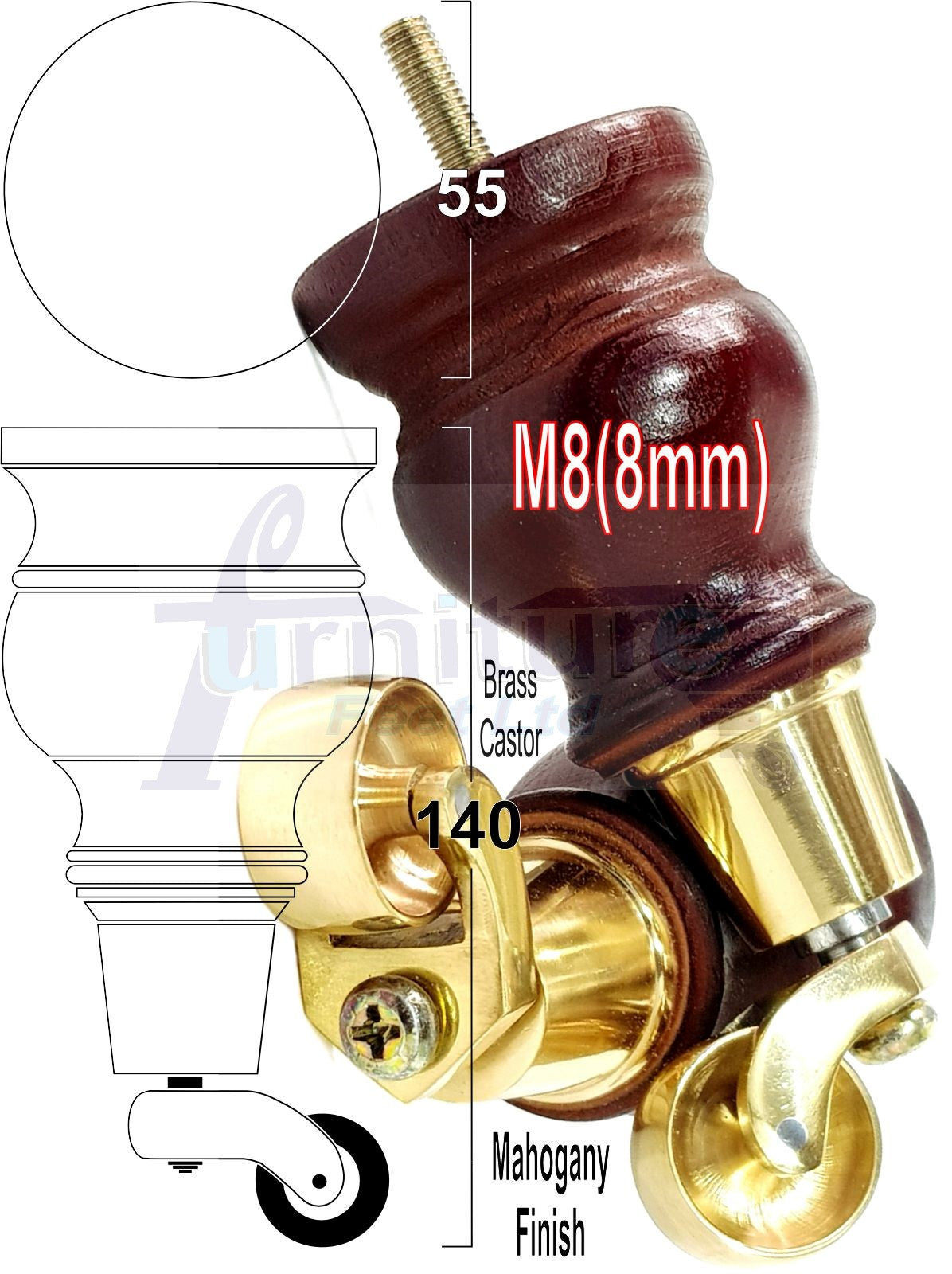 Set Of 4 Turned Wood Furniture Legs With140mm High Castor 8mm Thread For Chairs Settees & Cabinets