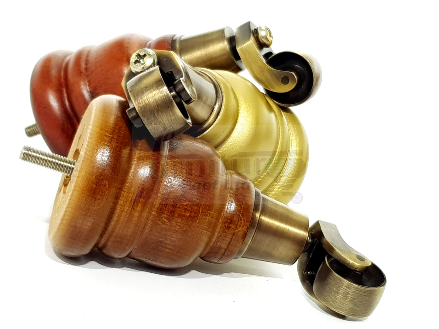 4 Turned Wood Furniture Feet With Antique Brass Castors 155mm Legs Sofas Chairs Stools Cabinets Beds M8 6 Inches