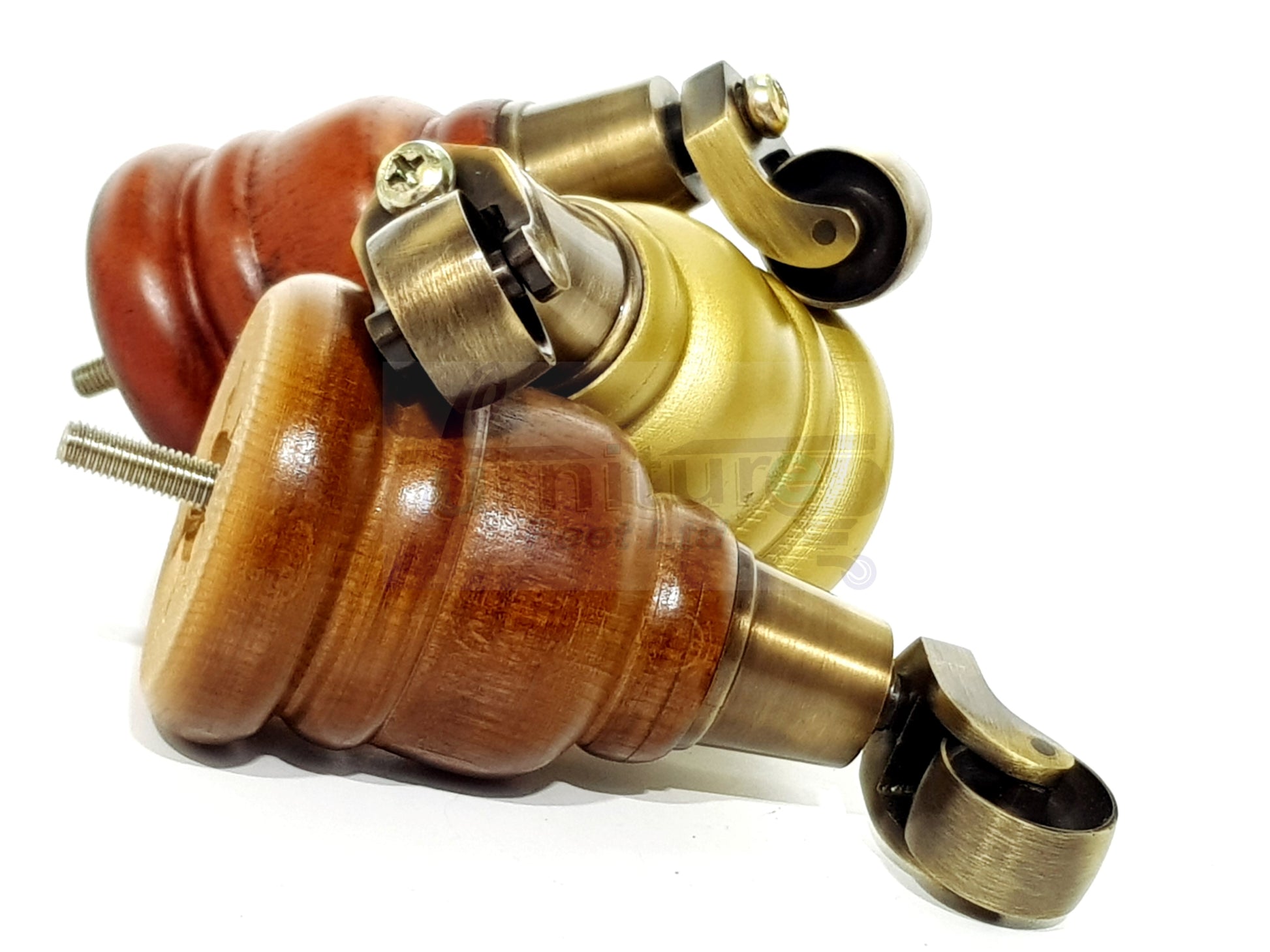 4 Turned Wood Furniture Feet With Antique Brass Castors 155mm Legs Sofas Chairs Stools Cabinets Beds M8 6 Inches