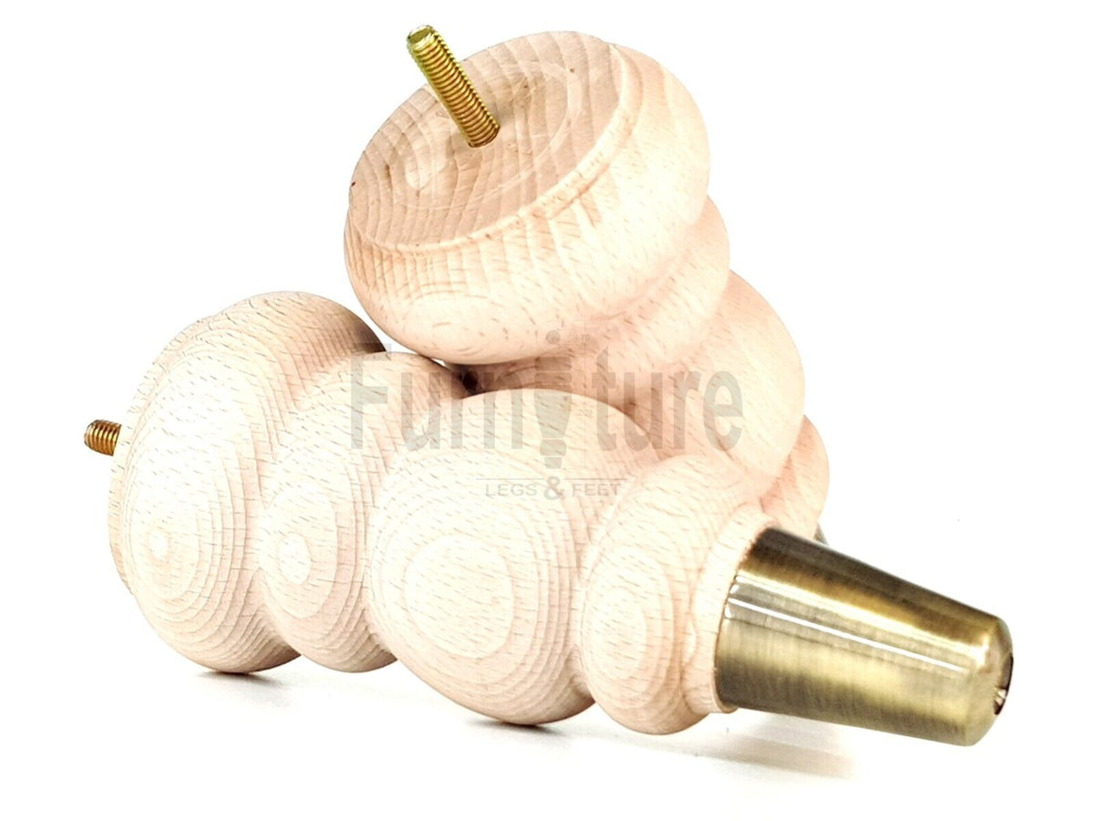 4x Round and Turned Wood Furniture Legs With Brass Slipper Cups Replacement Feet 185mm High 8mm Thread