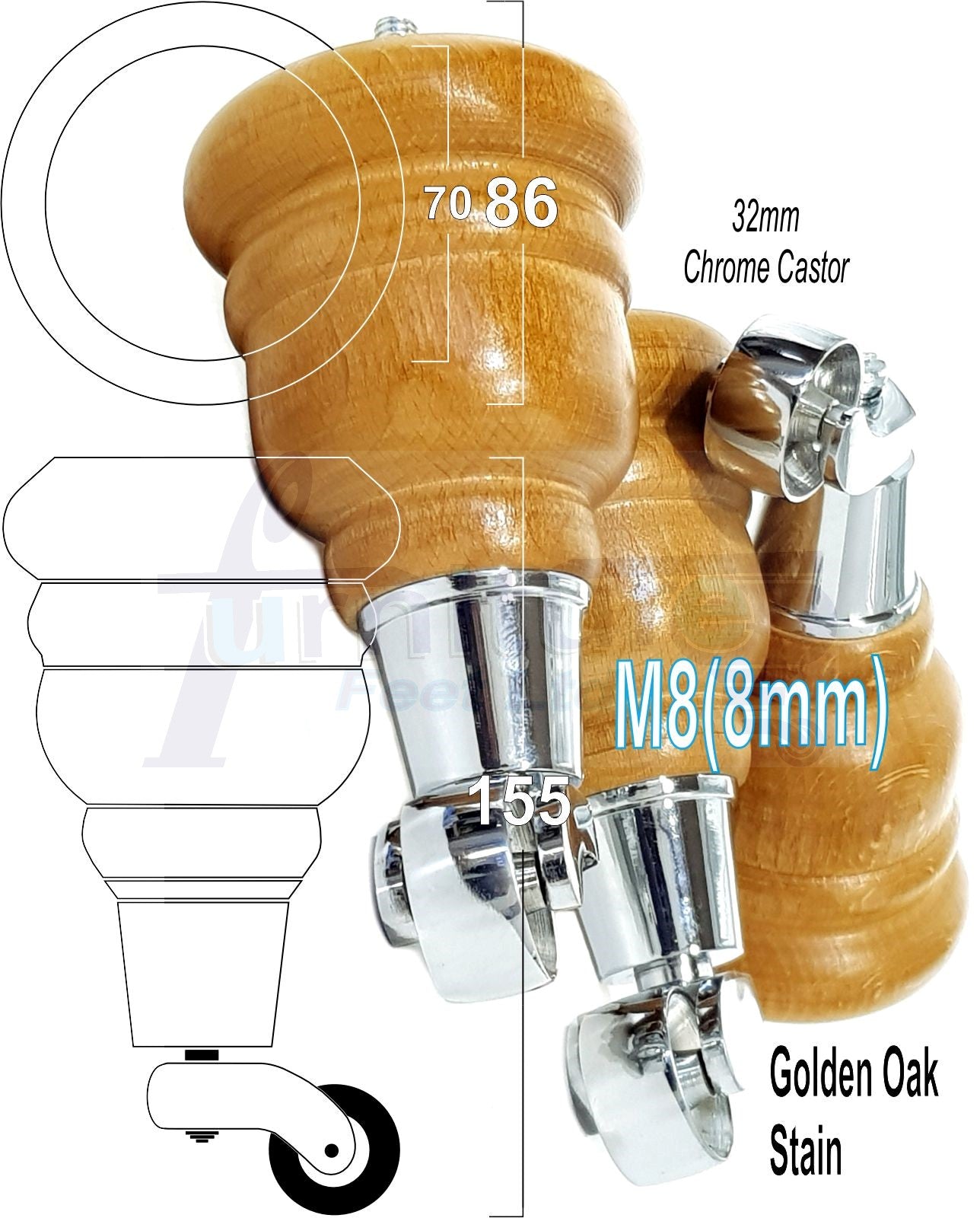 4 Turned Wood Furniture Feet With Chrome Castors 155mm Legs Sofas Chairs Stools Cabinets Beds M8 6 Inches