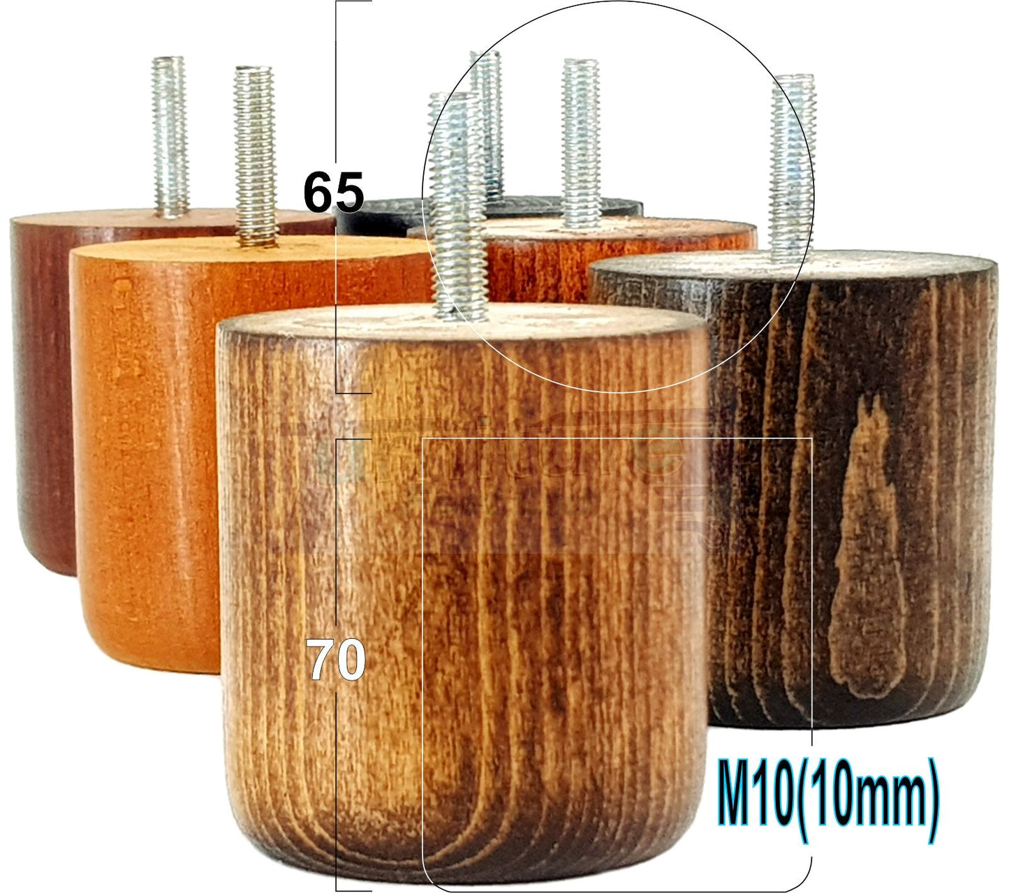 4x Solid Wood Turned Furniture Legs Replacement Bun Feet 70mm High 10mm Thread