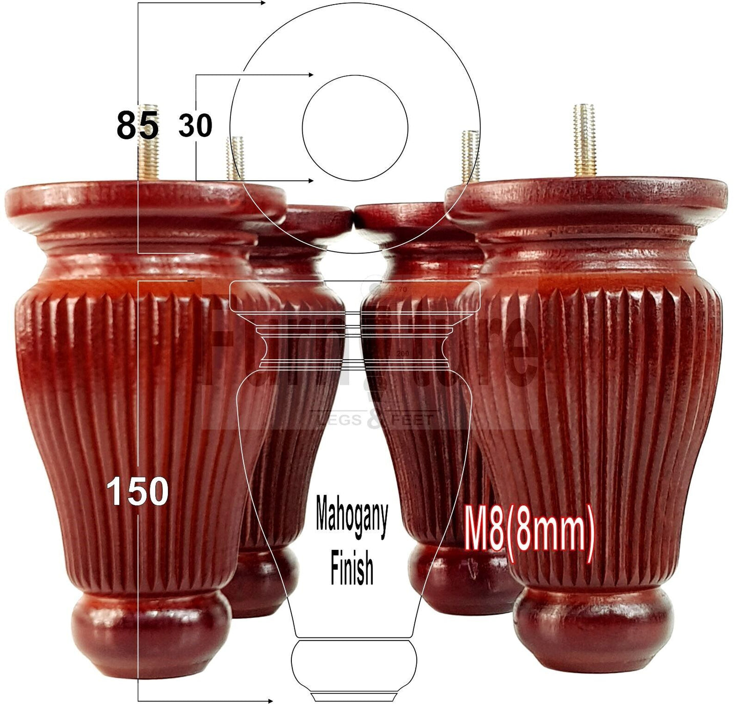4 Solid Wood Traditional Turned Furniture Legs Replacement Bun Feet 150mm High Multiple Colours Chairs Stools Sofas Beds Settee Cabinets M8