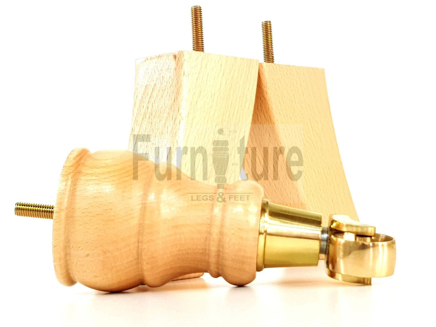 2 Wooden Castor Furniture Sofa Legs & 2 Curved Back Feet  Natural M8 Chair Settee Feet 160mm High
