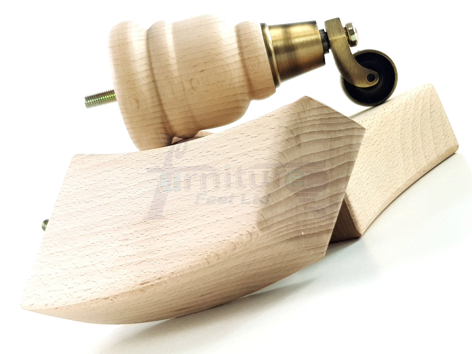 Natural Turned Wood Furniture Feet 2 With Castors 155mm and 2 Curved Back Legs Sofas Chairs Stools Cabinets Beds M8 6 Inches