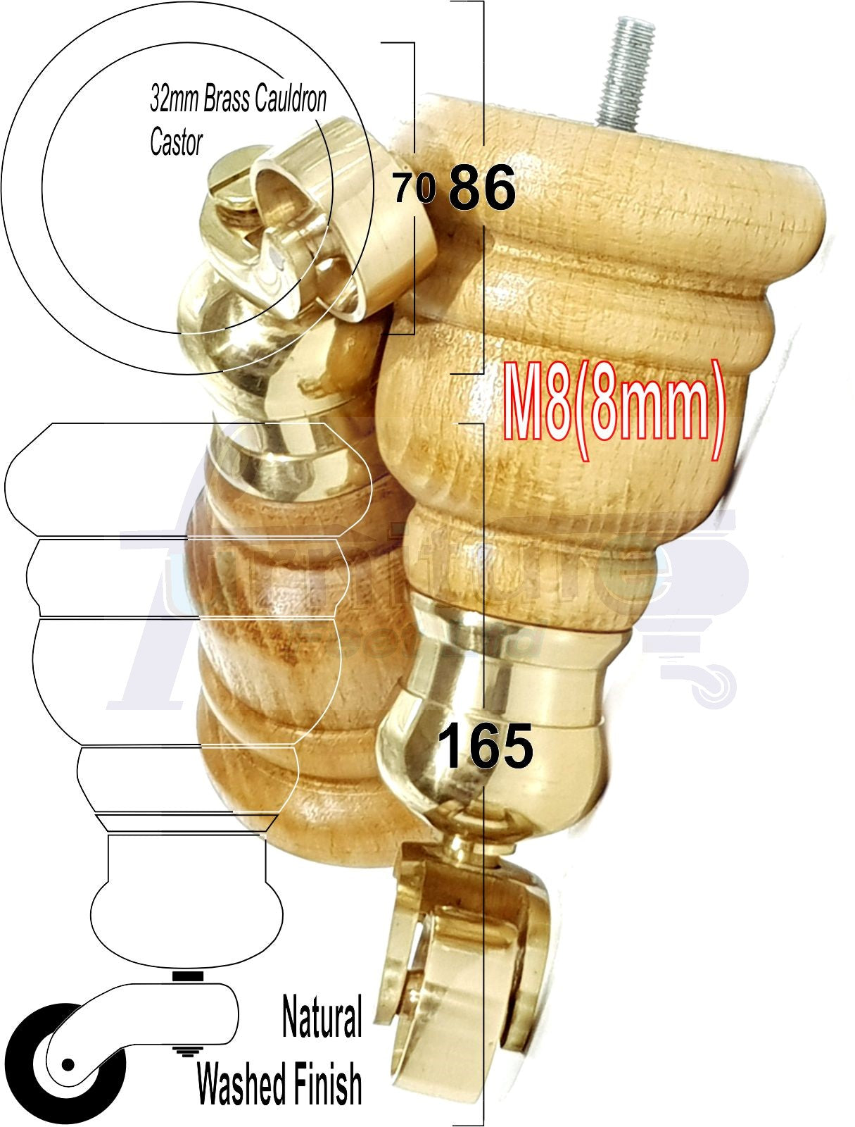 4 Turned Wood Furniture Feet With Brass Cauldron Castors 160mm Legs Sofas Chairs Stools Cabinets Beds M8 6 Inches