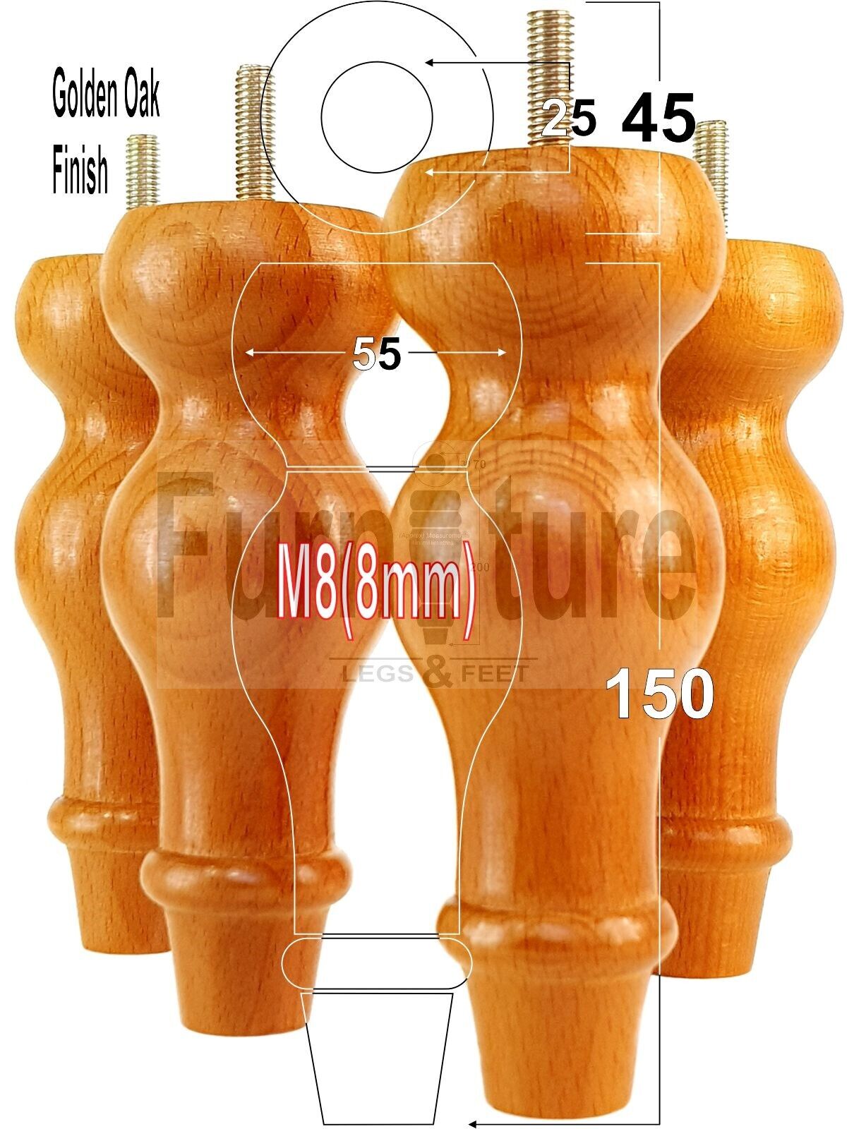 Set Of 4 Solid Wood Turned Furniture Feet Replacement Legs 150mm High 8mm Thread