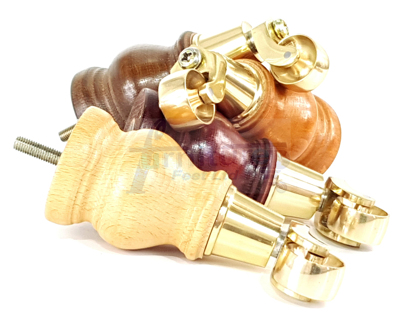 4x Turned Wood Furniture Feet With Brass Castors M8 Chair Sofa Settee Legs 140mm