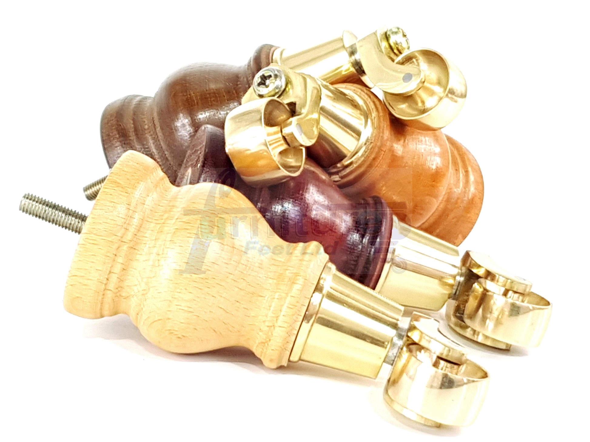 4x Turned Wood Furniture Feet With Brass Castors M8 Chair Sofa Settee Legs 140mm