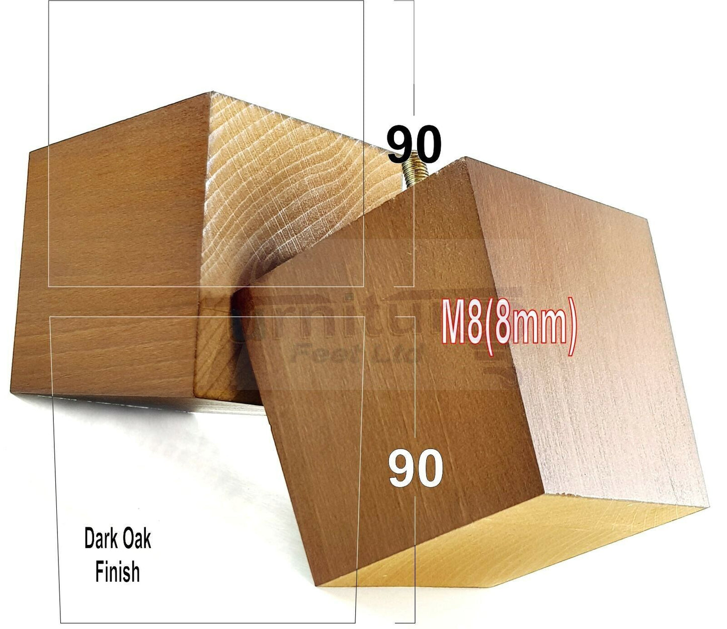 4x Solid Wood Square Feet Replacement Block Legs 90mm High Furniture Chairs Stools Sofa Beds Settee Cabinets 8mm Thread