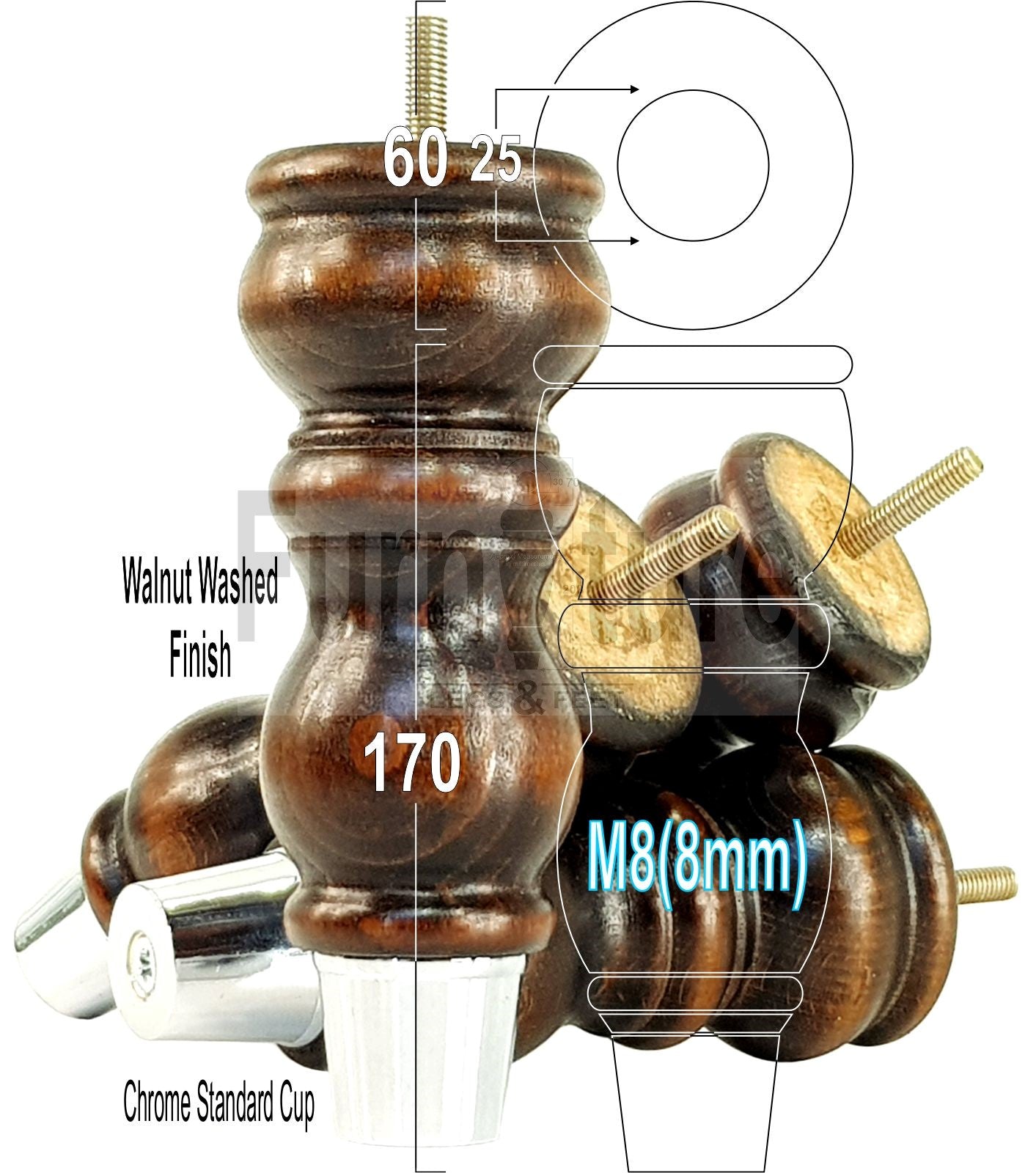 4x Furniture Feet With Slipper Cup 175mm High Legs Dark Walnut Finish Wood M8 Sofas Chairs Cabinets