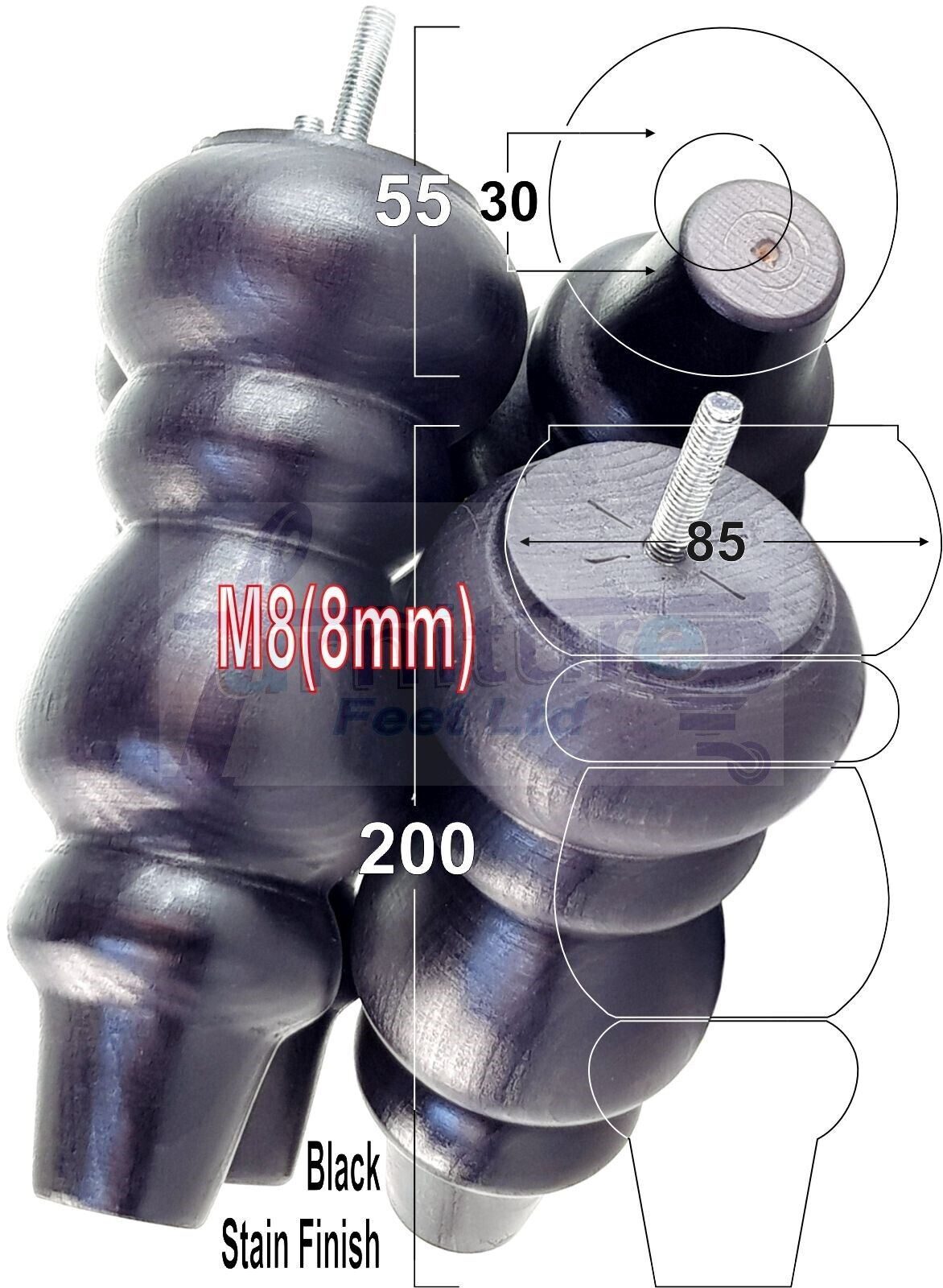 Solid Wood Furniture Feet Replacement Turned Legs 200mm High Chairs Stools Sofa's Beds Settee Cabinets M8 Various Colours Set of 4