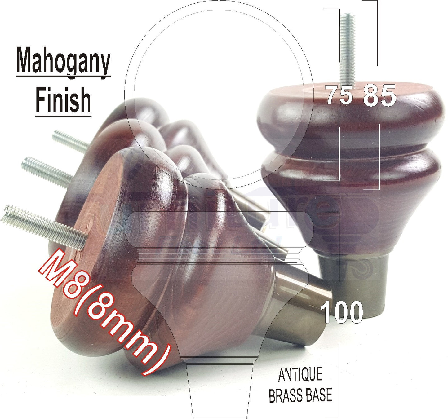 4x Turned Wood Furniture Feet M8(8mm) With Slipper Cup Chair Sofa Settee Legs 110mm