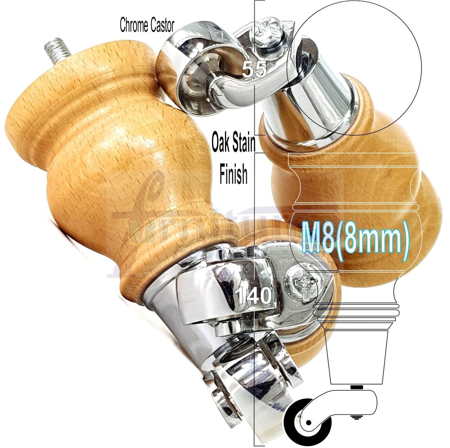 4x Turned Wood Furniture Legs With Chrome Castor 150mm High M8 For Settees Chairs & Cabinets