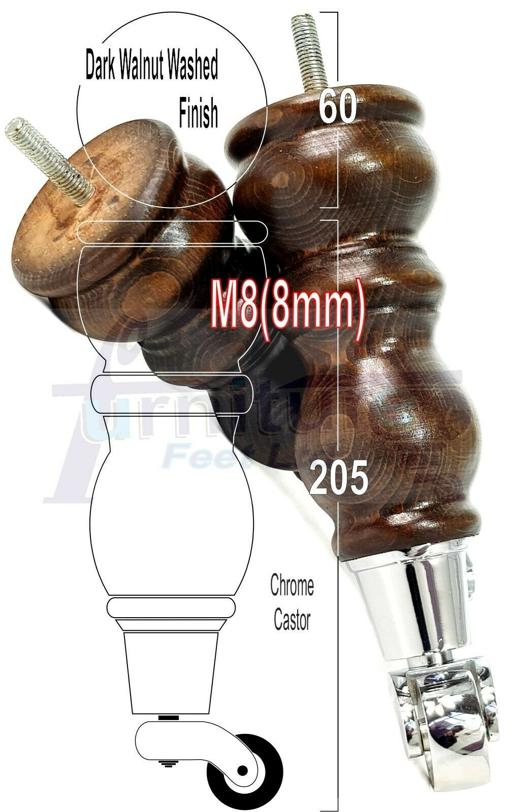 4x Furniture Feet With Castor 205mm High Legs Walnut Wood Finish M8 Sofas Chairs Stools Cabinets 8 Inches Tall