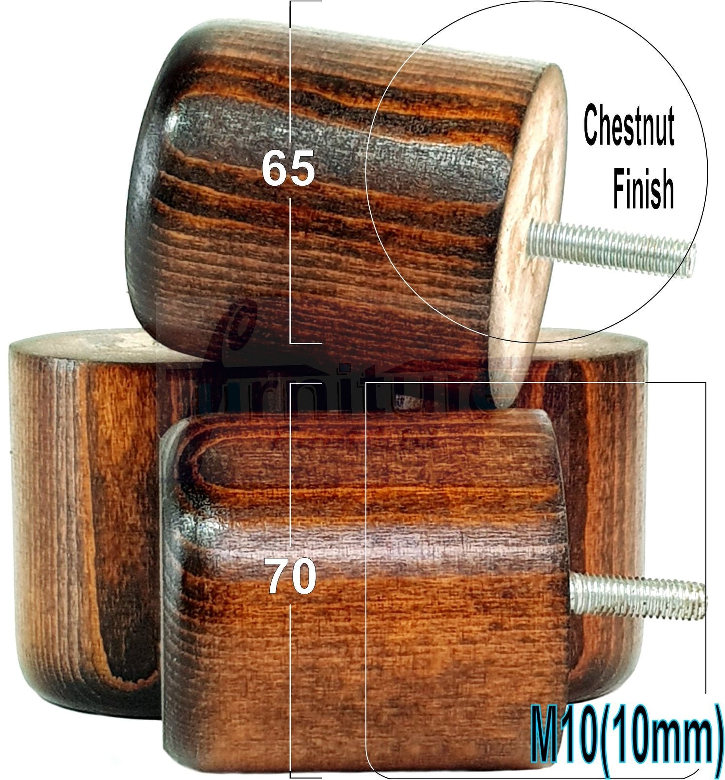 4x Solid Wood Turned Furniture Legs Replacement Bun Feet 70mm High 10mm Thread